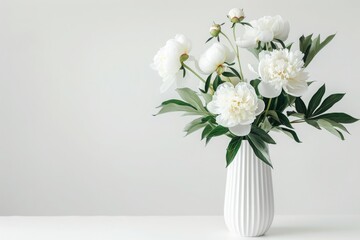 White vase filled with white blooming flowers and buds. Photo of white Ranunculus in white vase on white background. Space for copyspace.