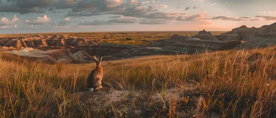 Little Rabbit in Badlands National Park lid by rising sun - obrazy, fototapety, plakaty