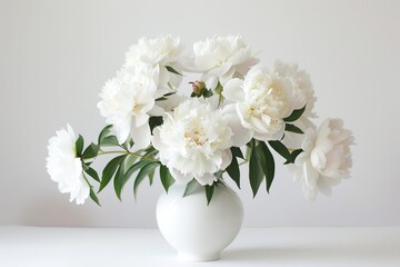 Delicate photo of white peonies and buds in white vase on white background. Space for text
