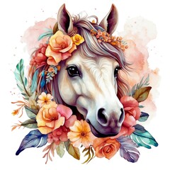 Watercolor illustration portrait of a cute adorable horse animal with flowers on isolated white background.
