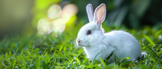 Little white rabbit sitting in the grass