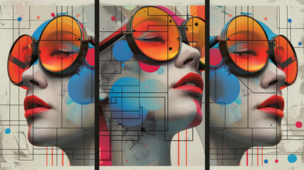 A vibrant abstract mural displaying a stylized face with sunglasses, interlaced with musical...