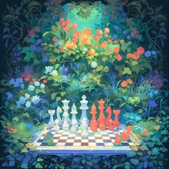 Ethereal Game of Minds - Imaginary Chess Battle in a Mythical Paradise - obrazy, fototapety, plakaty
