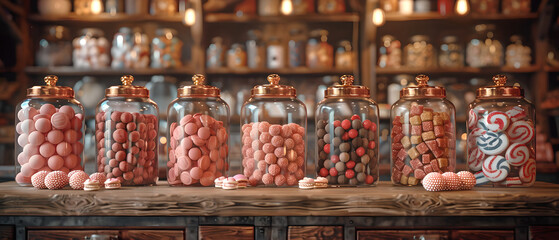 Assorted candies and sweets in glass jars on wooden shelf