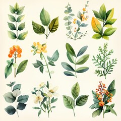 Vibrant botanical watercolor illustration with a focus on flowers, leaves, and nature's beauty.