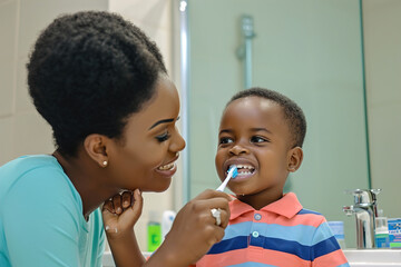 A family is in the bathroom, a mother shows her son how to brush his teeth, they both hold toothbrushes.