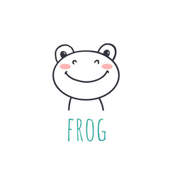 Fototapeta premium funny cartoon frog. Flat cute animal. Doodle illustration of frog head for cards, magazins, banners.