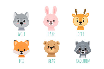 set of funny cute animals . Flat cute animals. Doodle illustration of wolf head, bunny, fox, bear, raccoon, deer for cards, magazins, banners. 