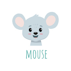 funny cartoon mouse isolated on white. Flat cute animal. Doodle illustration of mouse head for cards, magazins, banners. 