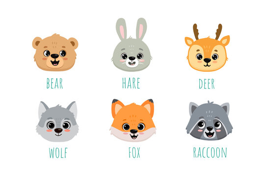 set of funny cartoon animals. Flat forest animals. Doodle illustration of cute wolf head, bunny, fox, bear, raccoon, deer for cards, magazins, banners.