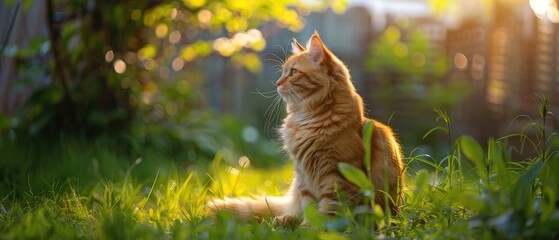 Tabby cat sitting in the garden. Pet enjoing being outside. Cute cat relaxing outdoor. Wonderful...