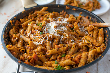 Vegetarian Pasta pan with red lentil bolognese sauce