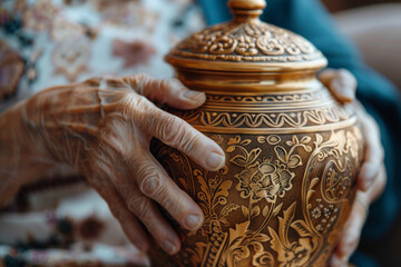 Elderly Hands Holding an Ornate Ceramic Urn with Intricate Patterns - obrazy, fototapety, plakaty