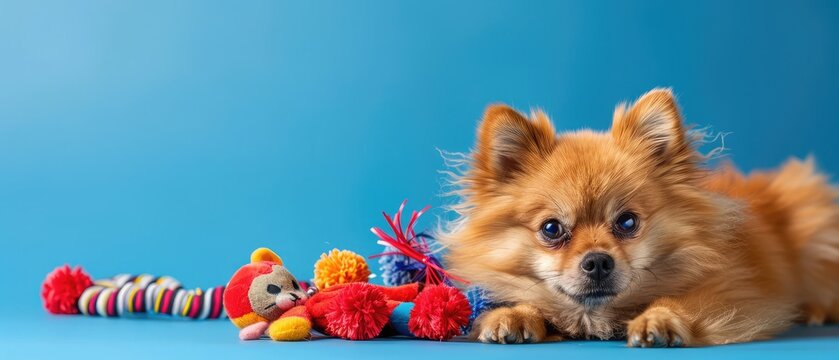 Spitz lies on a blue background. A dog poses with a joke doll and decorative ribbons. Red fluffy puppy in the studio. Horizontal image.