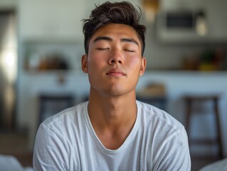 A man practicing deep breathing exercises to reduce stress and anxiety at home