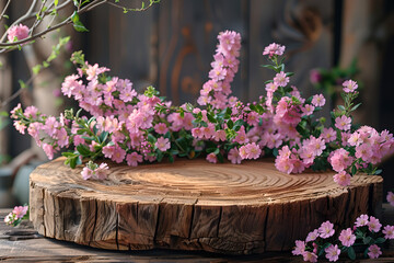 Fototapeta na wymiar Serene Wooden Podium in Bloom