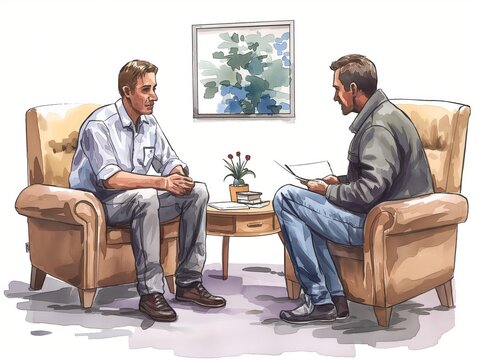 Illustration of a therapist and patient discussing coping strategies and positive affirmations in a therapy session