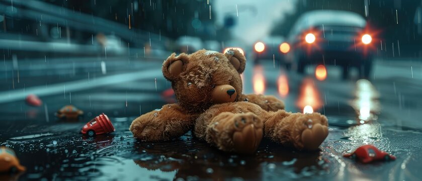 The lost teddy bear lies on a wet highway, and cars rush past at high speed. Lost favorite toy concept. View of the missing wet teddy bear. 3D Rendering.