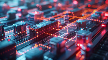 Obraz premium Operation management, Futuristic digital cityscape with glowing neon lights and circuitry, depicting advanced technology and a cybernetic urban environment.