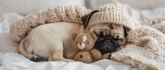 Tiny Pug puppy wearing winter hat, hugs favorite toy bear and sleeps under white warm blanket at home. Empty space for text