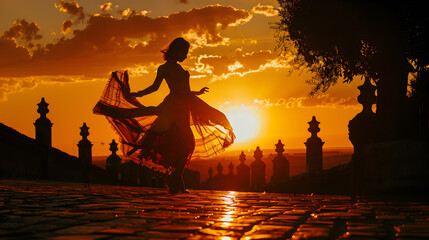 The silhouette of a flamenco dancer in front of the sunset