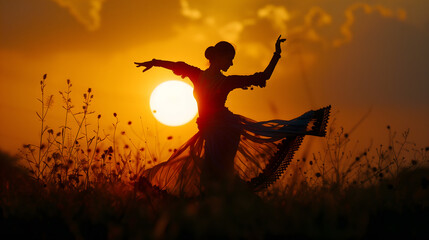 The silhouette of a flamenco dancer in front of the sunset