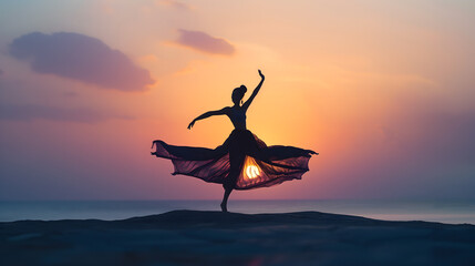 The silhouette of a dancer in front of the sunset