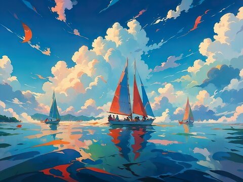Regatta. Sailing sport boat racing. Teamwork. Adrenalin. Beautiful sky with clouds. Waves. Good weather. Bright colourful anime illustration.