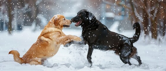 Two dogs playing together in the snow at winter park