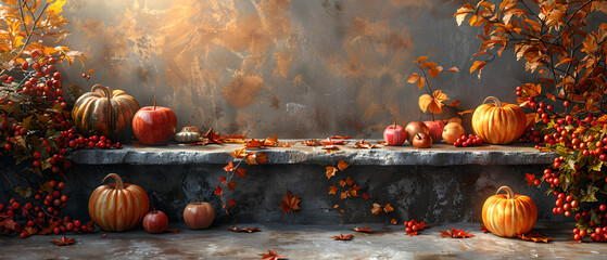 Autumnal Harvest Stone Podium - obrazy, fototapety, plakaty