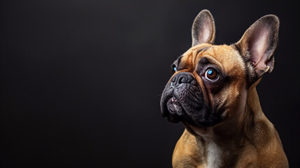 Fototapeta premium Adorable French Bulldog puppy isolated on black background, empty space or copyspace editable