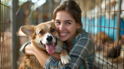 A young woman with a joyful expression is hugging a happy corgi dog inside what appears to be an animal shelter, with a soft focus on the cage in the background. - obrazy, fototapety, plakaty