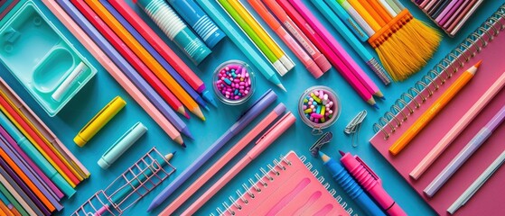 A vibrant collage of school supplies, including pencils, markers, and notebooks, arranged creatively,