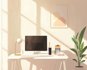 A minimalist setup of a home study area with a clean desk, a computer, and stationery, representing remote learning,