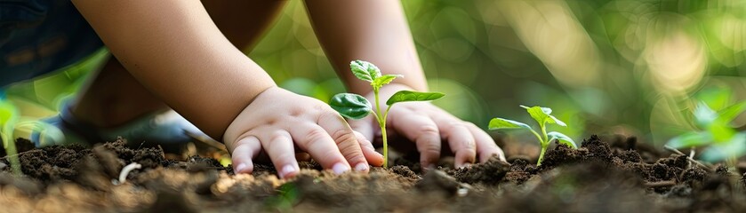 A heartwarming image of a child's hands planting a seedling, teaching about environmental science and responsibility,
