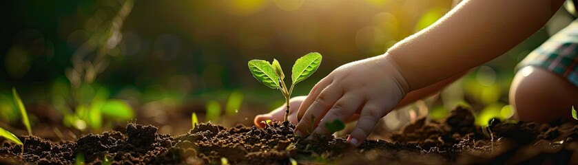 A heartwarming image of a child's hands planting a seedling, teaching about environmental science and responsibility, - obrazy, fototapety, plakaty