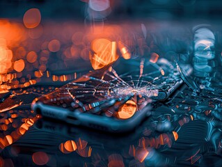 A conceptual image of a cracked smartphone screen, representing accidents in technology and the need for care, - obrazy, fototapety, plakaty