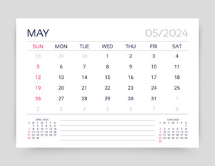 Calendar for May 2024 year. Planner calender template. Week starts Sunday. Monthly organizer. Desk corporate diary. Timetable layout. Table schedule grid. Vector simple illustration. Paper size A5