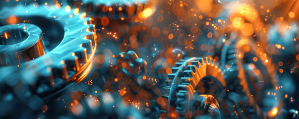 A visually illustration of metal gears and cogs bathed in a radiant blue light, symbolizing advanced industrial technology.  - obrazy, fototapety, plakaty