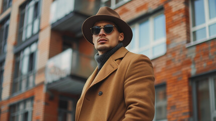 Stylish man in a camel coat, fedora hat and sunglasses stands confidently in front of a modern building with an urbane look. - obrazy, fototapety, plakaty