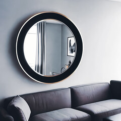 Close-up shot of a stylish round wall mirror reflecting a modern living room decor. - 774035750
