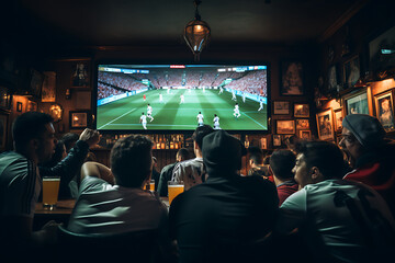 Fans gather in a sports bar watching a soccer match on multiple screens, creating a lively atmosphere. Generative AI