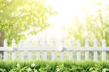 Fotobehang White fence on the background of green meadow and nature landscape © VetalStock