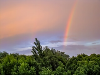 Rainbow in rainy weather in spring.