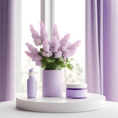 round podium of pale lilac color with a tube of cosmetics and a jar of cream without labels on a white background