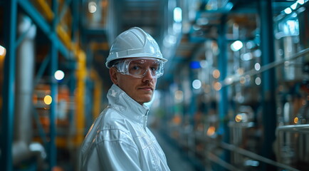 Man in Hard Hat and Goggles Working in Factory