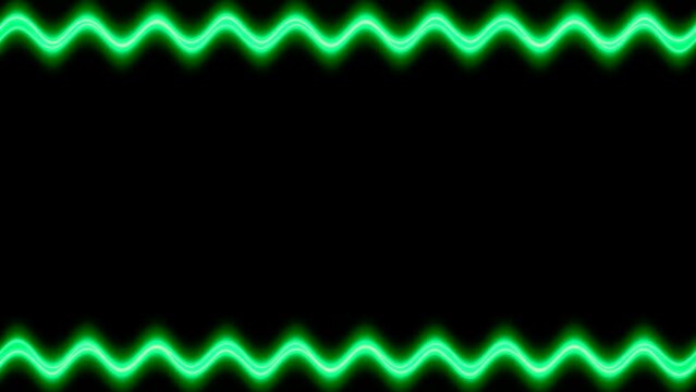 Frame, long wavy rectangular laser horizontal interpenetrating green lines of lightening and darkening light on a black background. Space for your own content.