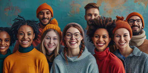 Obraz premium Diverse Group of Young People Wearing Winter Hats and Smiling