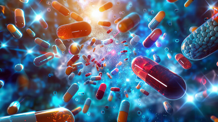 Scattered colorful pills and capsules in various shapes falling on a illustration background - obrazy, fototapety, plakaty