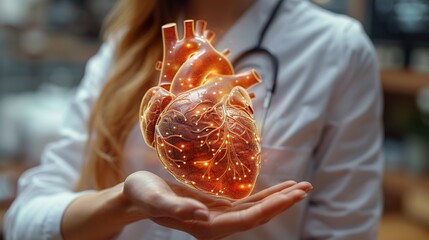 Female doctor touchstone virtual Heart in hand.Healthcare hospital service concept stock photo - obrazy, fototapety, plakaty